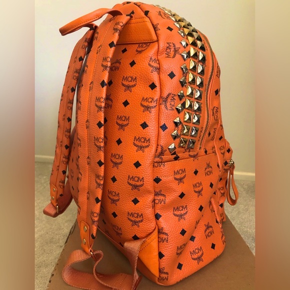 MCM Orange Visetos Top Studded Stark Large Backpack 100